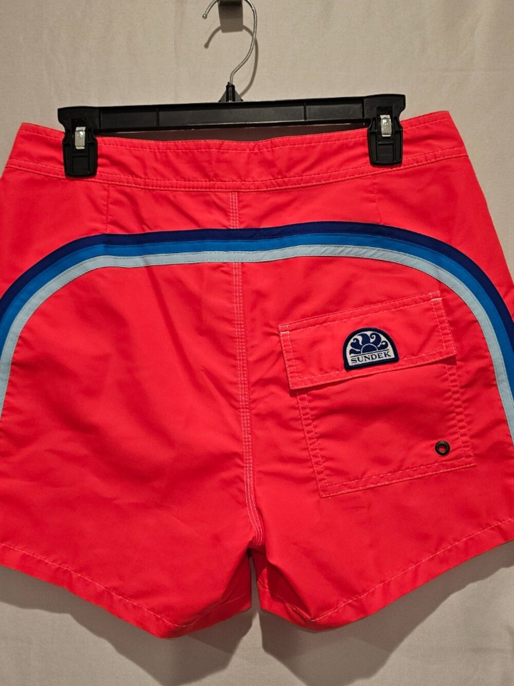 Sundek Men's Striped Board Shorts Size 30 Red Blue Drawstring Mesh Lined Swim
